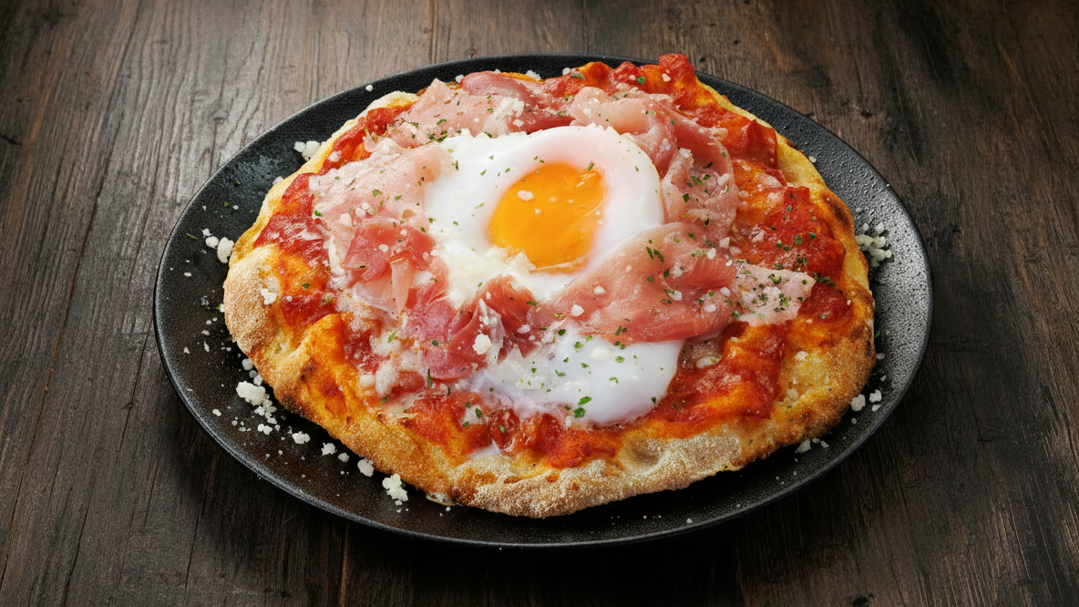 ビスマルク 880円（税込） ベーコンの旨みとチーズのコク、半熟卵がとろける濃厚トマトピザ